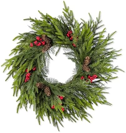 Glitzhome 24 Inch Christmas Wreaths for Front Door, Artificial Greenery Wreath with Pine Cones and Red Berries for Windows, Walls, Porches, Indoor and Outdoor Home Decoration - Image 3