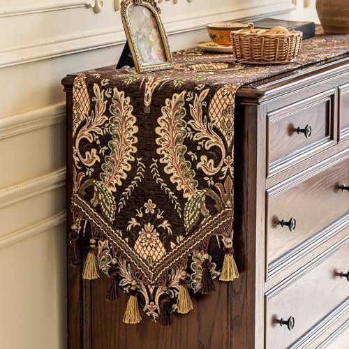 Floral Chenille Table Runner 72" Non-Slip with Tassels, Brown - Image 6