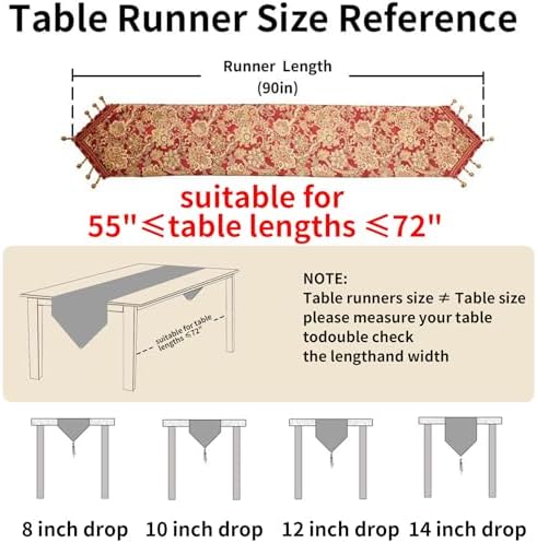 Luxury Vintage Design Table Runner 90 inches Long Embroidery Jacquard Fabric with Multi-Tassels Table Runners for Dining Room Dresser Christmas Thanksgiving Party Decorations (Red, 12X90inch) - Image 2