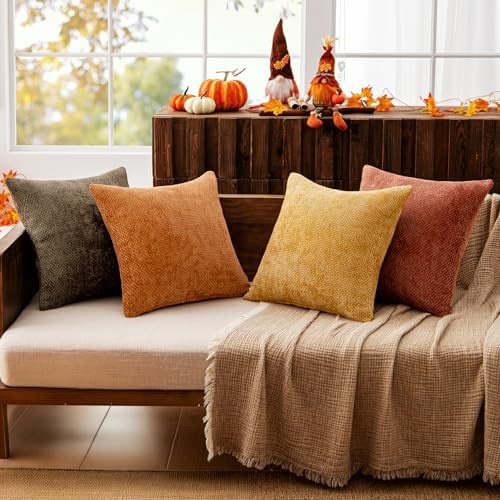 MIULEE Decorative Chenille Fall Pillow Covers Orange Brown 18x18 Pack of 4 - Image 2