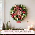 Hykolity 24 Inch Pre-Lit Magnolia Christmas Wreath, Battery Operated Lighted Wreath with 30 Warm White LEDs, Timer, Burgundy Flowers, Plaid Bow, Ornaments and Pinecones for Front Door - Image 3