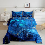 Ombre Blue Marble Bedding Set King, Black And Blue Marble Comforter Set for Boys Girls Teens Adult, Abstract Ocean Wave Fluid Duvet Set with Golden Sequins, Modern Aesthetic Liquid Quilted Comforter by Erosebridal