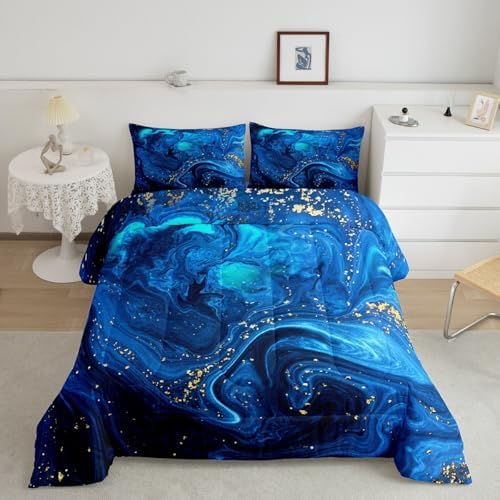 Ombre Blue Marble Bedding Set King, Black And Blue Marble Comforter Set for Boys Girls Teens Adult, Abstract Ocean Wave Fluid Duvet Set with Golden Sequins, Modern Aesthetic Liquid Quilted Comforter by Erosebridal