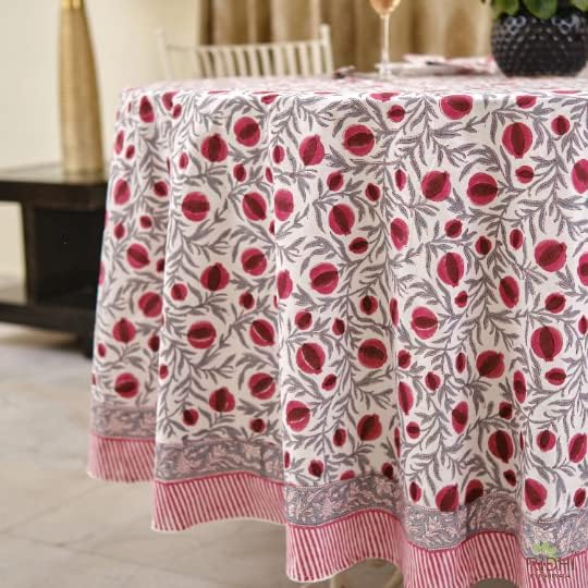 Ridhi Hand Block Print Round Tablecloth Sangria Red 132 Inch 100% Cotton - Image 4