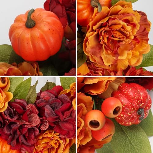 24" Artificial Fall Floral Wreath for Front Door Autumn Wreath with Pumpkin Peony Hydrangea for Halloween Thanksgiving Day Indoor Outdoor Farmhouse Window Wall Décor - Image 3