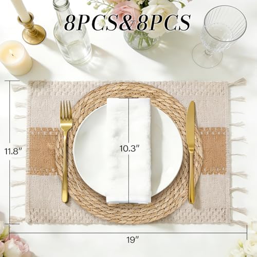 Placemats Set of 8 - Rattan Round Place Mats & 11.8” x 17” Cotton Braided Placemat for Dining Table Setting, Rustic Farmhouse Boho Wedding Decor, Wicker Woven Charger Dinner Plates, 16Pcs - Image 3
