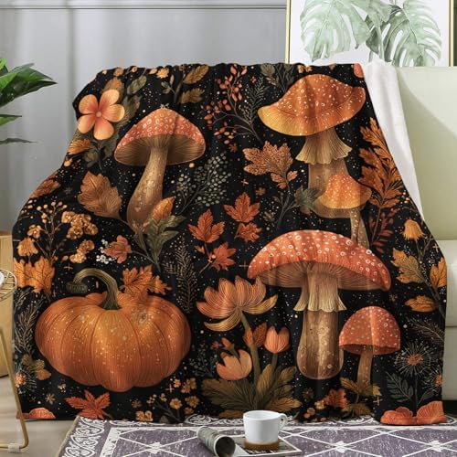 Fall Throw Blanket, Pumpkin Mushroom Leaf Fleece Blanket for Couch Bed Sofa, Autumn Botanical Blankets and Throws, Decor & Gifts, Super Soft Plush Flannel Blanket, 50x70 by Unknown