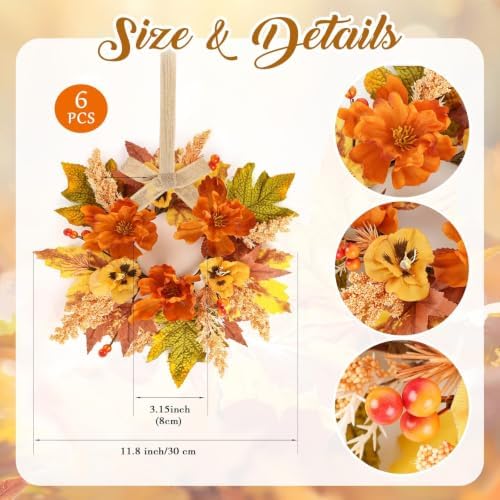6 PCS Fall Wreath for Kitchen Cabinets Artificial Flower Door Wreath Autumn Table Centerpiece Farmhouse Hanging Floral Rings for Front Door Porch Wall Window Decoration - Image 3