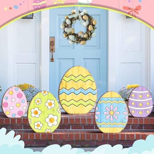 Yuntau 5 Pcs Easter Wooden Porch Sign Large Easter Egg Standing Porch Sign Decoration Farmhouse Rustic Outside Decorations for Outdoor Party Lawn Garden Yard Entryway - Image 3