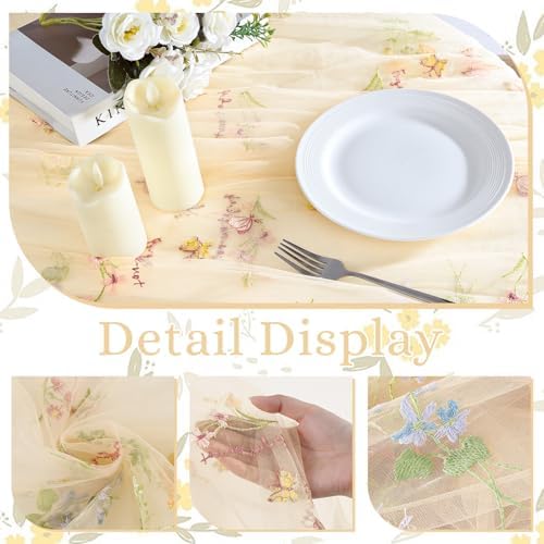 BINBE 12pcs Champagne Florals Table Runner Embroidery Gauze 10FT Daisy Seasonal Tulle Birthday Wedding Holiday Kitchen Dining Table Decor for Home Party - Image 3