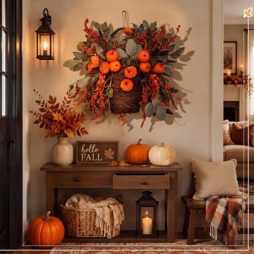 Norme Fall Basket Wreath for Front Door 19 in Autumn Pumpkin Harvest Wreath - Image 3