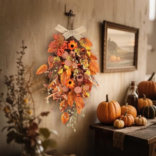 2 Pcs 24" Artificia Fall Swag for Front Door Autumn Teardrop Swag Harvest Sunflowers Pumpkins Leaves Berries Door Swag Hanging Flower Wreath for Window Wall Decor - Image 4