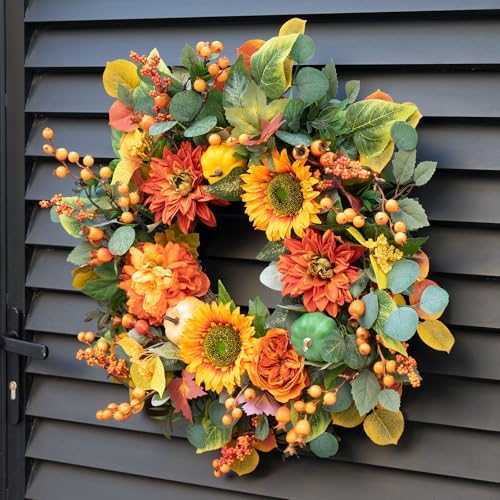 Fall Wreaths for Front Door 24 Inch Autumn Wreath with Sunflowers, Orange Dahlias, Maple Leaves & Berries – Fall Door Wreath for Outdoor or Indoor Thanksgiving Decor - Image 6