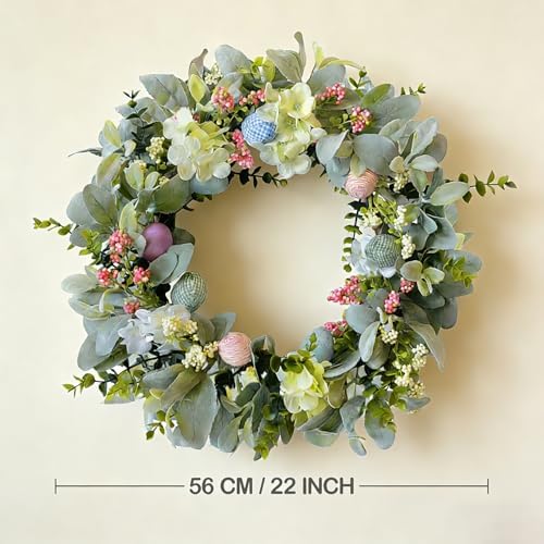 Easter Wreaths for Front Door, 20 inch Easter Door Wreath Decorations with Eggs Lambs Ear Leaves, Artificial Spring Wreath with Hydrangeas Flowers for Home Wall Window Farmhouse Decor - Image 3