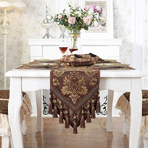 vctops Vintage Luxury Jacquard Damask Floral Table Runners Tea Table Decoration with Multi-Tassels 13"x97" Coffee by vctops