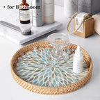 Round Rattan Tray with Mother of Pearl Inlay, Rattan Serving Tray for Coffee, Bread, Fruits, Decorative Wicker Tray for Table Decor, Home Decor, Kitchen Island Decor (Ambilight, 11.8") - Image 6