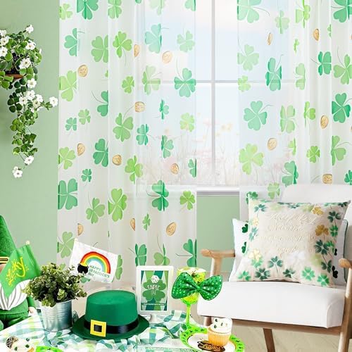 St. Patrick's Day Sheer Curtains for Living Room, Shamrock Clover Sheer Curtain, Rod Pocket Window Drapes Decorations for Bedroom and Home Decor, 2 Panels Green 52W x 84L - Image 2
