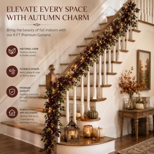 6ft Faux Dusty Plum Berry Garland with Lights, Fall Mantel Decor - Image 2