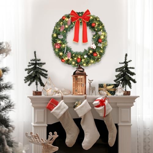 VINGLI 24 Inch Christmas Wreath Prelit Front Door Battery LED Decor Green - Image 5
