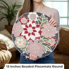 Beaded Placemats for Dining Table Flower Design Red Multi Set of 2- Measure 13 Inches Beaded Placemats Round for Gathering, Christmas, Thanksgiving - Occasional Decoration - Image 3