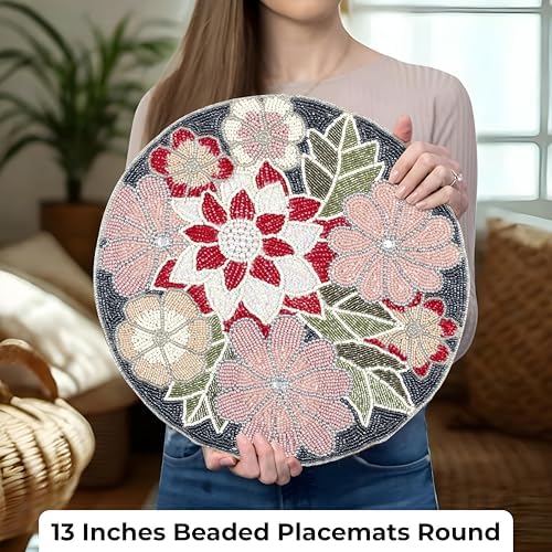 Beaded Placemats for Dining Table Flower Design Red Multi Set of 2- Measure 13 Inches Beaded Placemats Round for Gathering, Christmas, Thanksgiving - Occasional Decoration - Image 3
