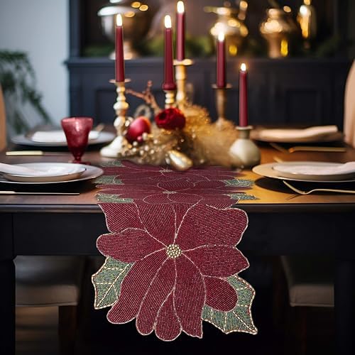 COTTON CRAFT Christmas Beaded Table Runner -13x36 inch Poinsettia Red Green - Image 2
