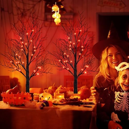 Halloween Decorations Indoor 2 Pack 24 Inch Black Halloween Tree with 48 Orange Red Led Lights, Timer/USB/Battery Operated Lighted Tabletop Spooky Tree for Halloween Table Decor Home Office Party - Image 7
