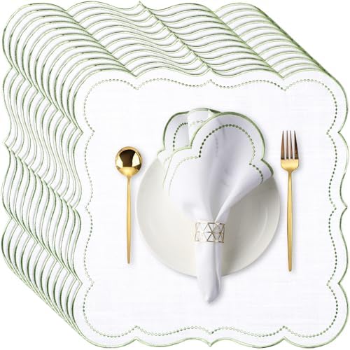 Hahafelt 12 Set Scalloped Cloth Napkins, Embroidery Polyester, Sage Green by Hahafelt