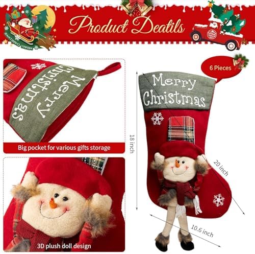 Foaincore Vintage Christmas Stocking 6 Pack 18 Inches with 6 Pieces Zinc Alloy Stocking Holders Fireplace Adjustable Holders for Family Holiday Mantel(Christmas Style) - Image 2