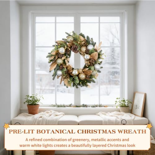 Hykolity 24 Inch Pre-Lit Botanical Christmas Wreath, Battery Operated Lighted Wreath with 30 Warm White LEDs, Timer, Gold Silver Ornaments, Pinecones and Decorative Leaves for Front Door - Image 2