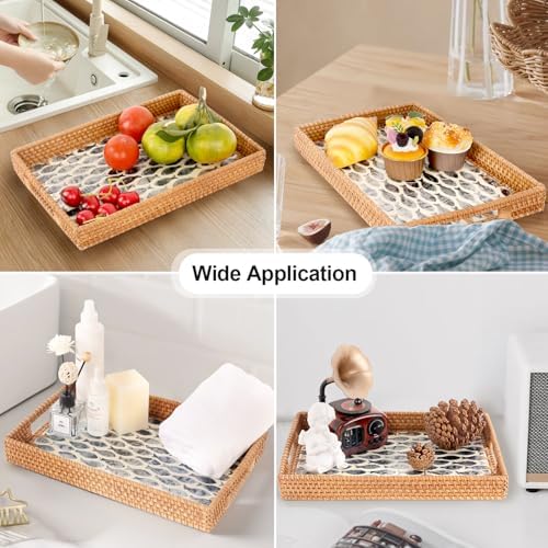 Rectangle Rattan Tray with Mother of Pearl Inlay, Rattan Serving Tray with Handle for Coffee, Bread, Fruits, Snacks, Decorative Wicker Tray for Table Decor (Rectangle Black Fish, 13"×9") - Image 3