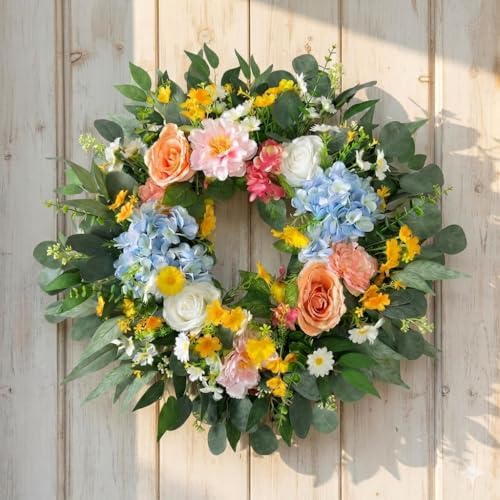 26 Inch Spring Summer Wreath for Front Door with Hydrangea, Peony & Rose – Wild Flowers Eucalyptus Leaves, Summer Wreath for Home Decor Farmhouse Wall Window Spring Decor Indoor Outdoor Decor by TVMALL