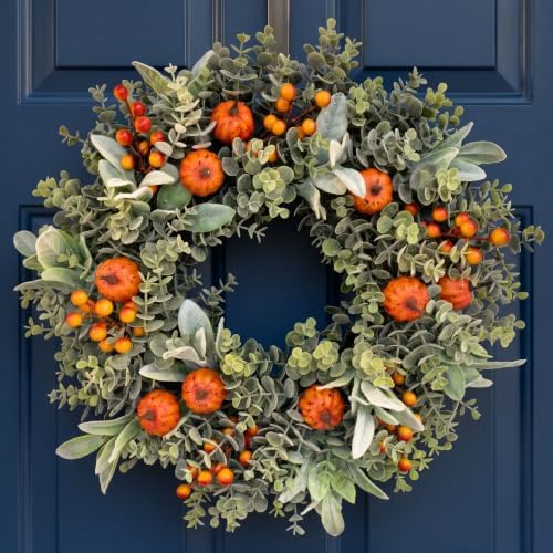 20-22" Fall Eucalyptus Wreath with Pumpkin, Front Door Farmhouse Home Decor by Unknown