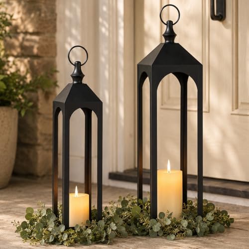24" & 20" Large Outdoor Floor Lantern, Black Front Porch Decor by Staymoment