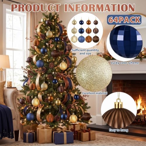 Lunmon 64 Pcs Christmas Ball Ornaments Navy Blue Gold Copper Brown Xmas Bulbs Ornaments 1.6/1.97/2.4 Inch Plastic Hanging Decoration Assorted Size Christmas Decorations for Home Tree Wreath Party - Image 4
