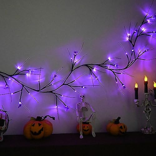 2026 Halloween Decor Lights 6.5 Ft 54 LED Willow Vine Twig with Timer Battery Operated Garland Light 18 LED Spiders and 36 Purple Lights Halloween Party Scary Decoration for Home Wall Fireplace - Image 2