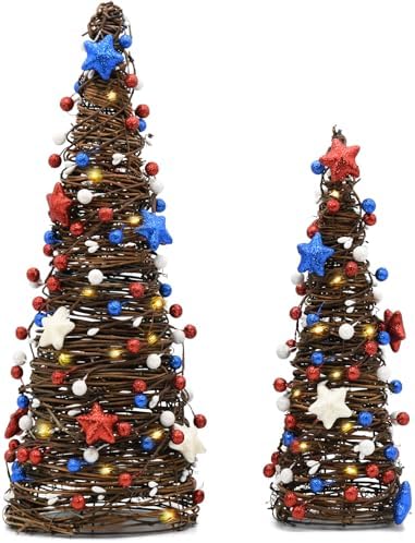 4th of July Decorations Lighted Tabletop Rattan Tree, Memorial Day Decor by CRCZK