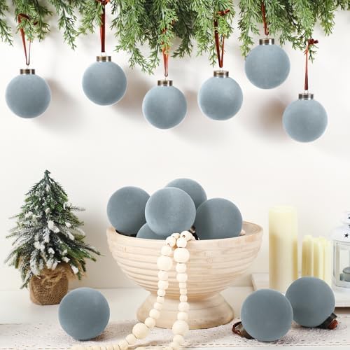 Liliful 15 Pcs Velvet Christmas Balls Bulk Flocked Christmas Tree Ball Ornaments Plastic Xmas Decorative Hanging Ornaments(Dusty Blue,3.15 Inch) - Image 4