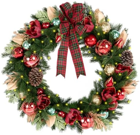 Hykolity 32 Inch Pre-Lit Magnolia Christmas Wreath, Battery Operated Lighted Wreath with 60 Warm White LEDs, Timer, Burgundy Flowers, Plaid Bow, Ornaments and Pinecones for Front Door by hykolity