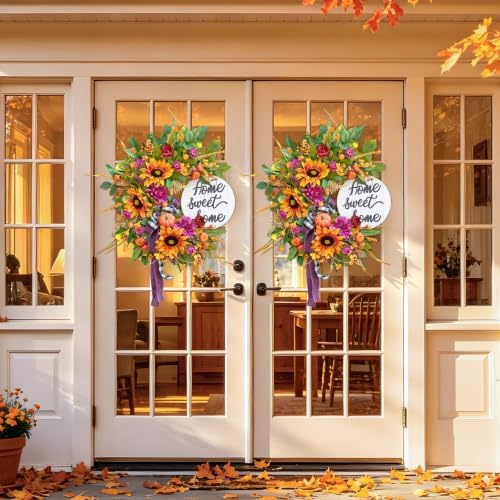 24 Inch Fall Wreaths for Front Door,Outdoor Autumn Wreath with Sunflowers - Image 6