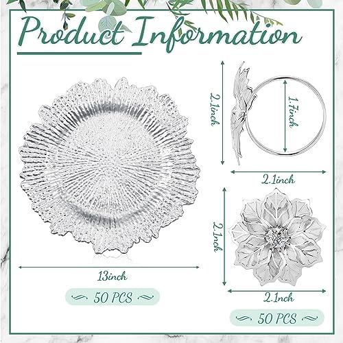Dandat 100 Pcs Charger Plate Bulk 13'' Floral Reef Plates with Napkin Ring 50 Plastic Dinner Charger Plate 50 Flower Napkin Holder for Table Setting Wedding Party (Silver) - Image 2