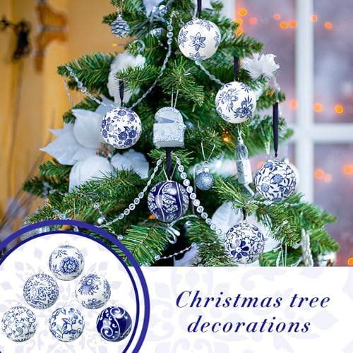 Cindeer 12 Pcs Blue and White Christmas Porcelain Balls, Elegant Style - Image 4