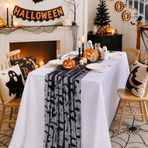 Halloween Table Runners Lace Black Bat Linen Drape Scary Theme Spooky Decor - Image 3