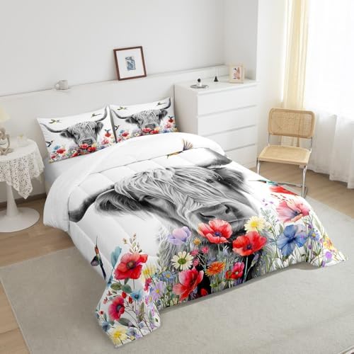 Highland Cow Comforter Set King, Red Poppy Floral Bedding Set for Teens Boys Girls Adult, Hummingbird Western Funny Animals Quilt Set Cattle Bull Cattle Wild Animals Farmhouse Down Comforter - Image 4