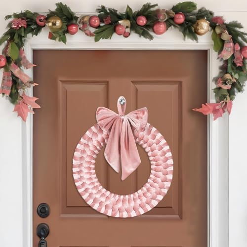 Pink Christmas Velvet Wreath 14" Xmas Wreath Ornament with Bow for Indoor and Outdoor Decor Christmas Wreath Ornament for Christmas Party Table Fireplaces Porch Walls Home Decor - Image 4