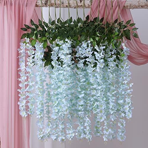 Duovlo 12 Piece Artificial Silk Wisteria Vine 3.6 Feet Hanging Flower Garland String Home Party Wedding Decor (Light Blue) - Image 5