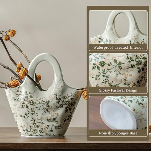 Ceramic Flower Vase for Home Decor, Vintage Green Purse Vase 9 Inch - Image 4