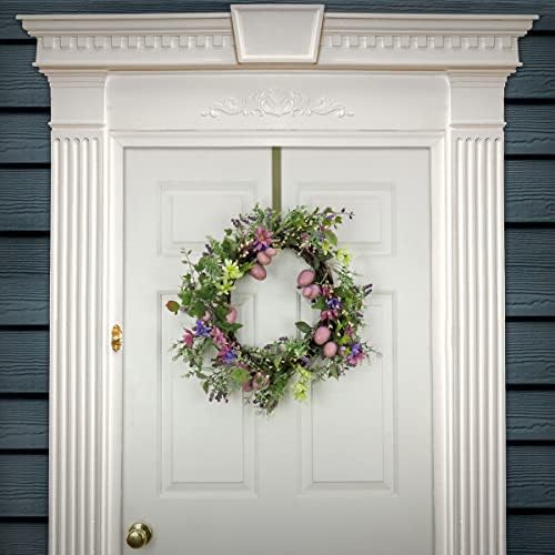 National Tree Company Artificial Spring Wreath, Woven Branch Base, Decorated with Purple Pastel Eggs, Pink Flowers, Leafy Greens, Easter Collection, 22 Inches - Image 2