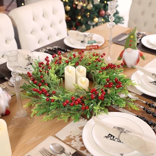 SHACOS Artificial Christmas Wreath 20" Winter Wreaths Pine Red Berries Xmas Holly Berry Decoration for Front Door Window Party Holiday, Red Green - Image 4