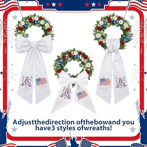 Moukeren 2 Pcs 4th of July Wreath Sash for Front Door Patriotic Embroidered Monogram Wreath Sash Red Blue White Flag Garland Belt Decor for Independence Day Memorial Day Yard Porch - Image 5